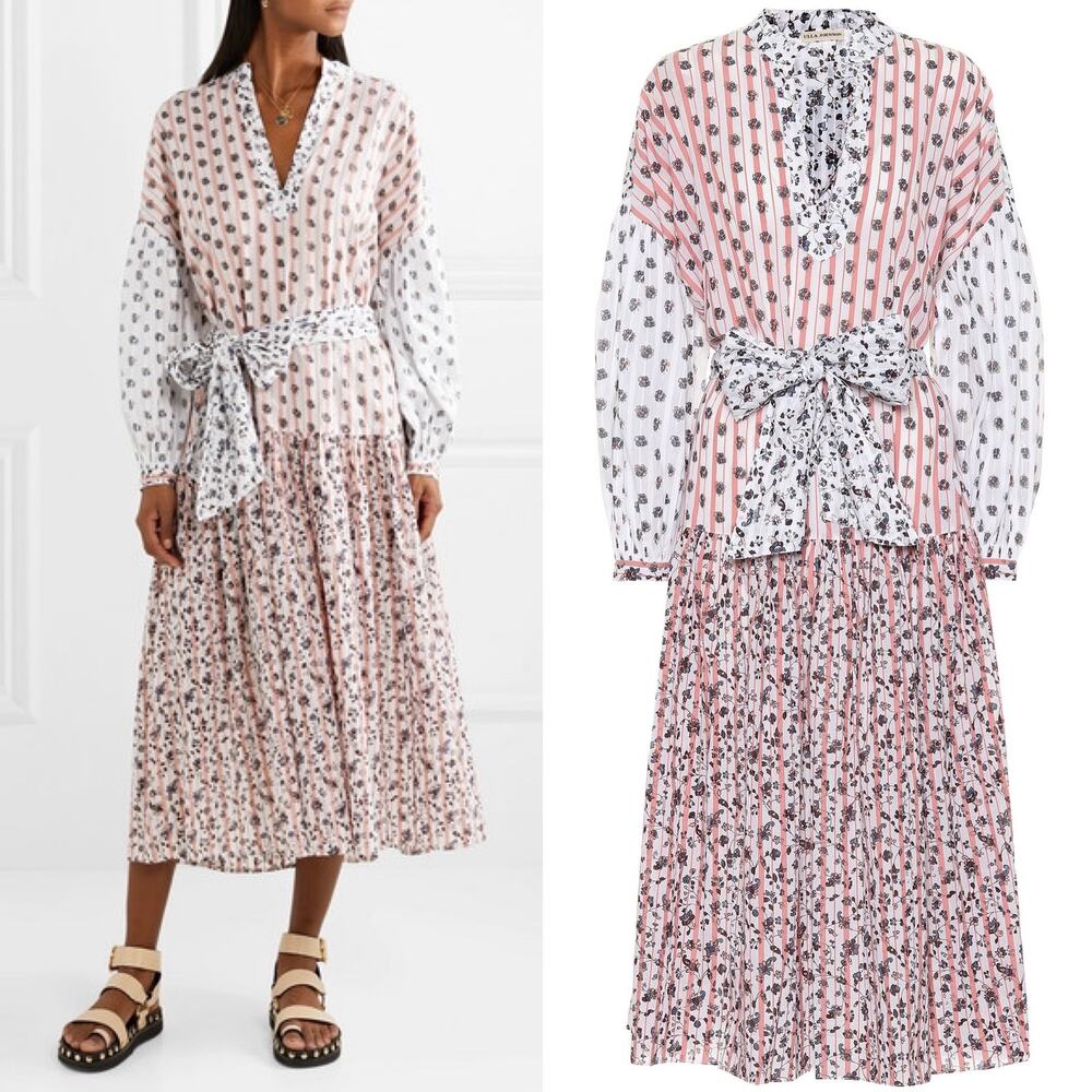 Ulla Johnson Selvi Printed Cotton Gauze Midi Dress Size 0 Pink White Floral Boho - Picture 2 of 16